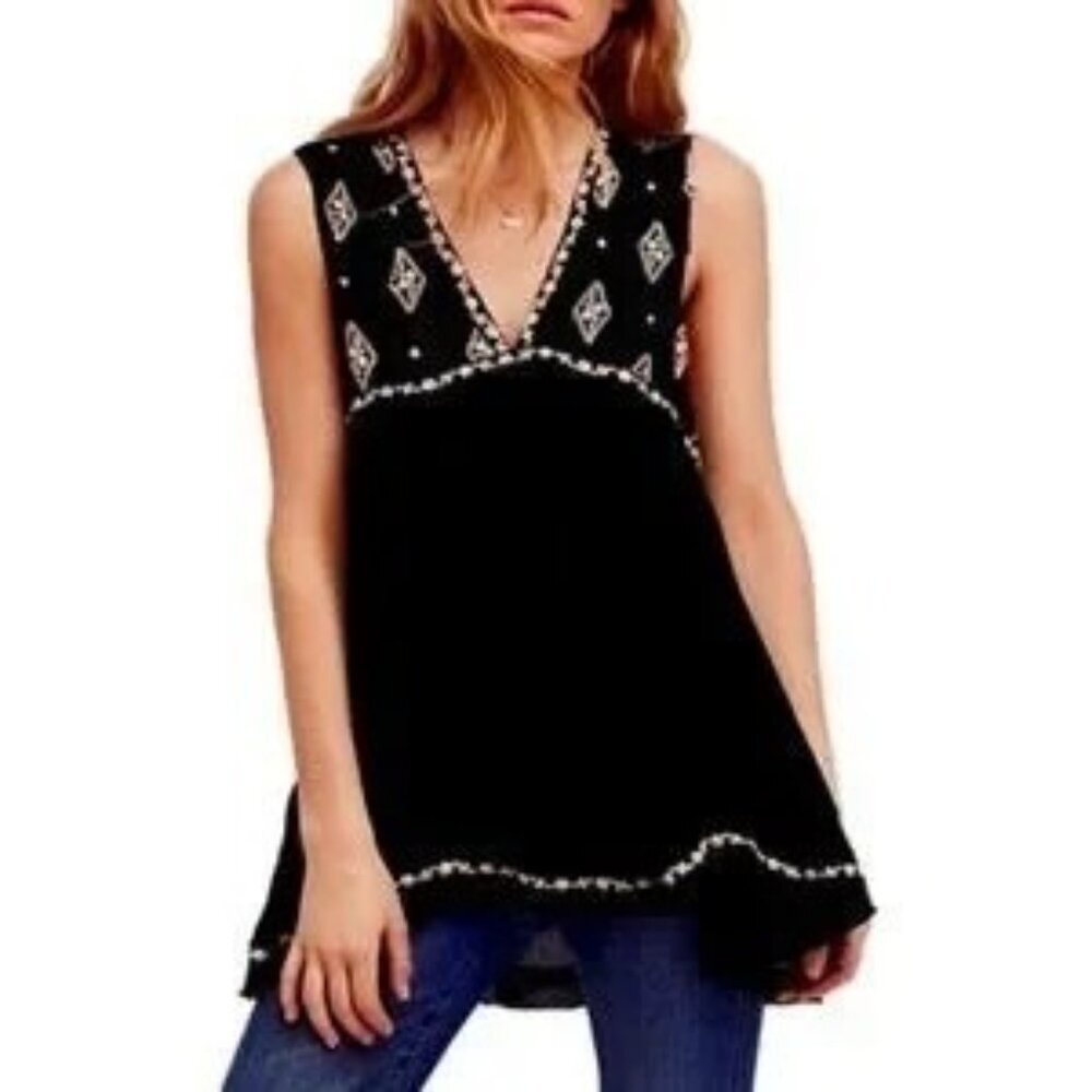 Free People Black Diamond Embroidered Tunic Top - Picture 2 of 9